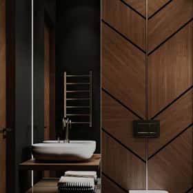 Высокие отношения. Дизайн и ремонт загородного дома 195м2 в КП Лесная поляна в современном стиле. 1 этаж Санузел