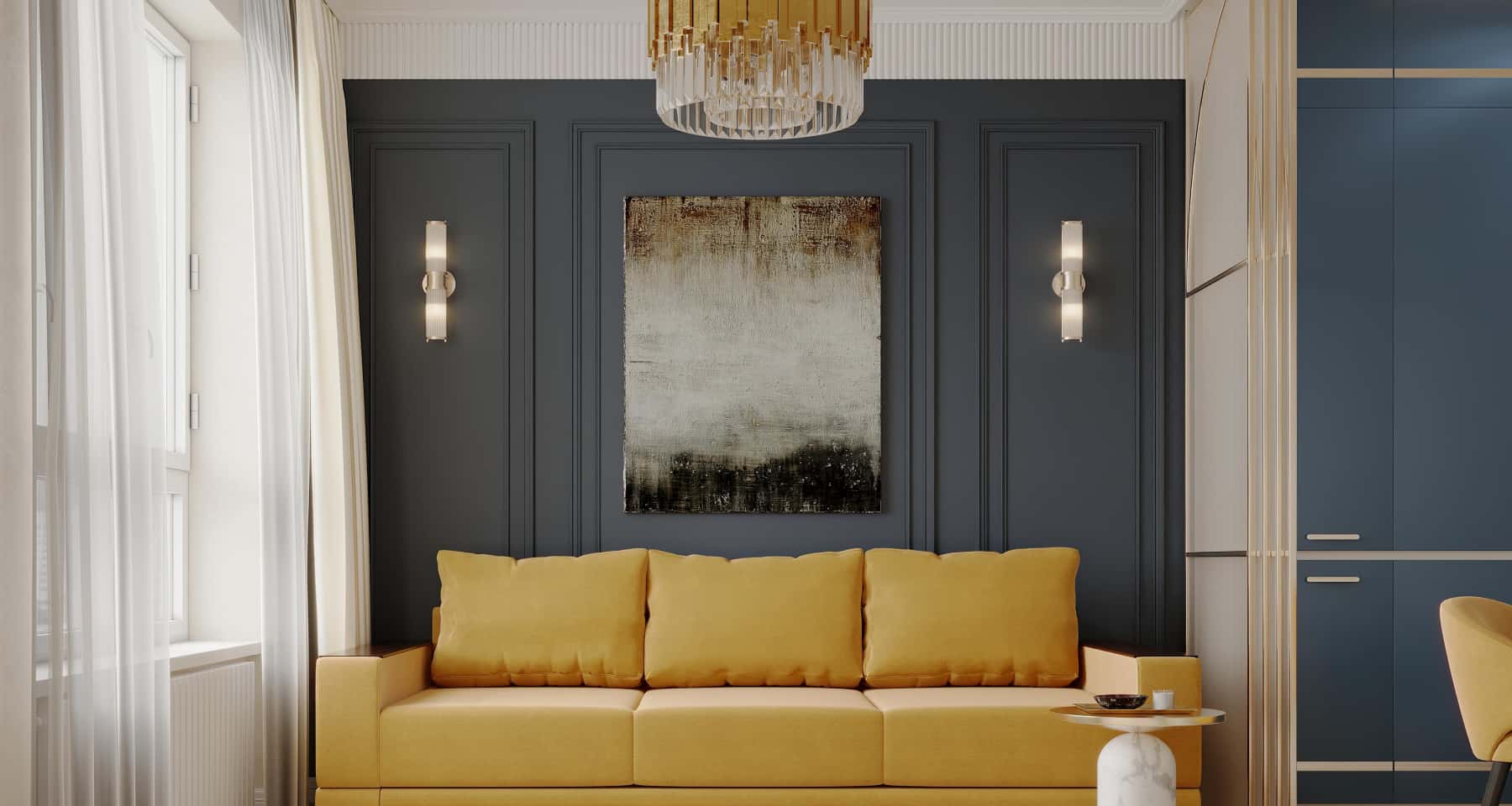 Сочетание тонов в дизайне интерьера гостиной — горчичный и серо-синий Сочетание тонов в дизайне интерьера гостиной — горчичный и серо-синий