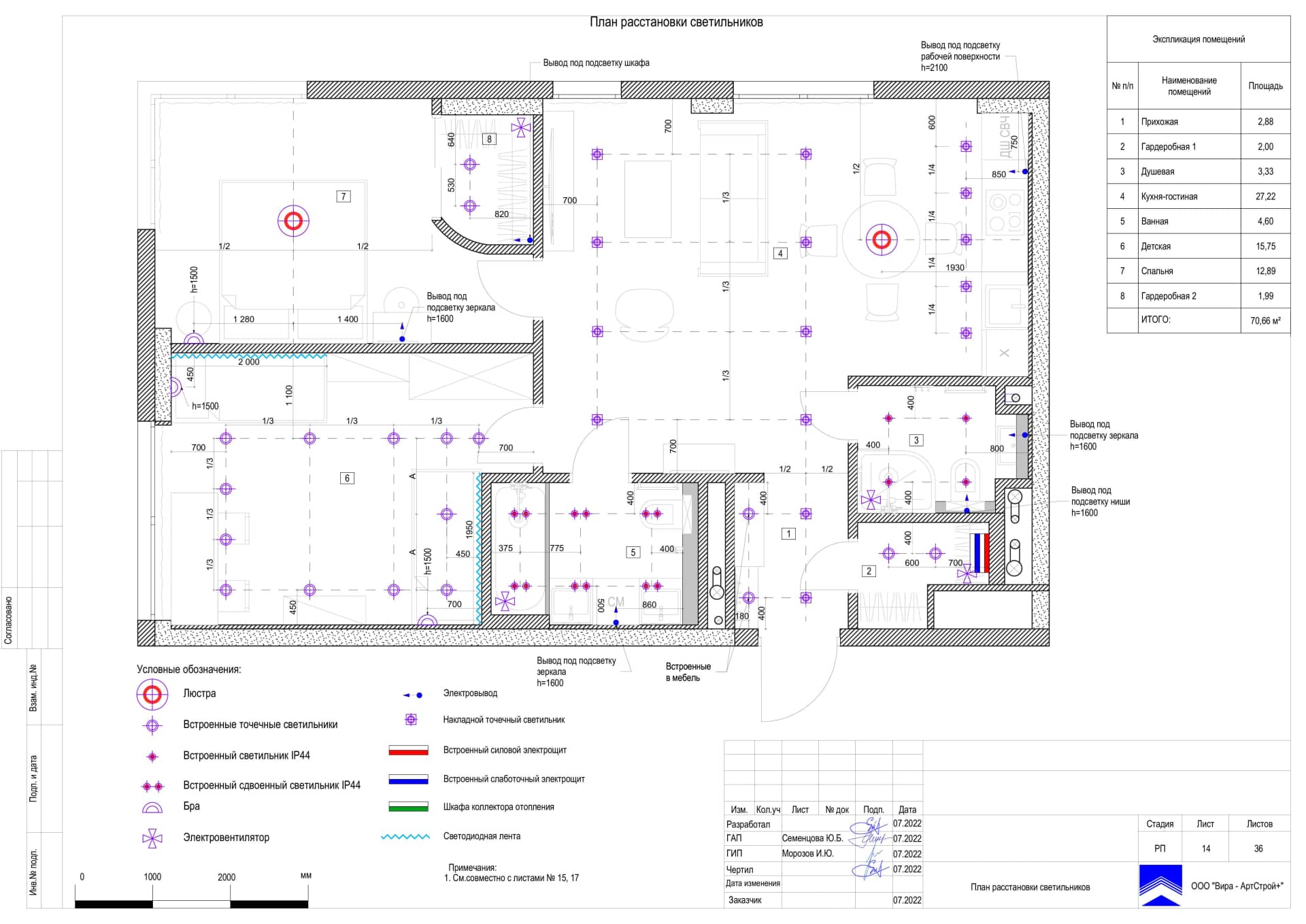 План расстановки светильников, квартира 71 м² в ЖК «Фили Сити»
