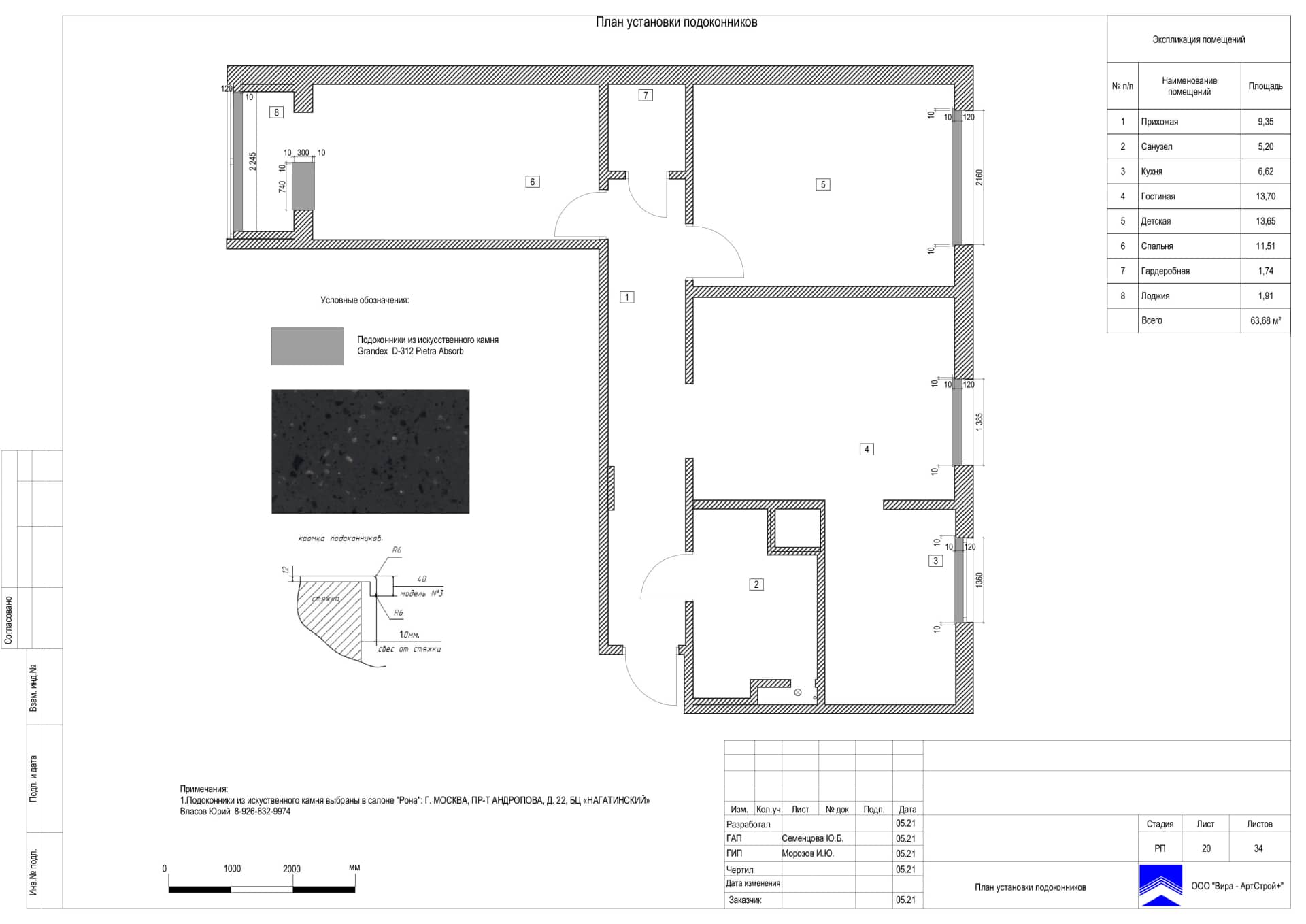 План установки подоконников, квартира 64 м²