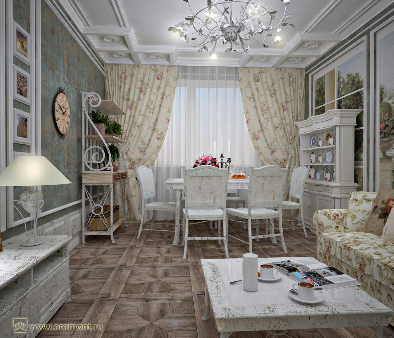 Оформление интерьера гостиной и гостиной-кухни трехкомнатной квартиры в стиле прованс. Фото № 42643.