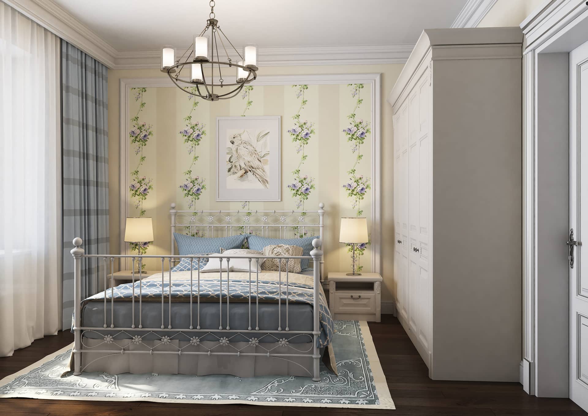 Спальня в стиле прованс с кованой кроватью и цветочными обоями
