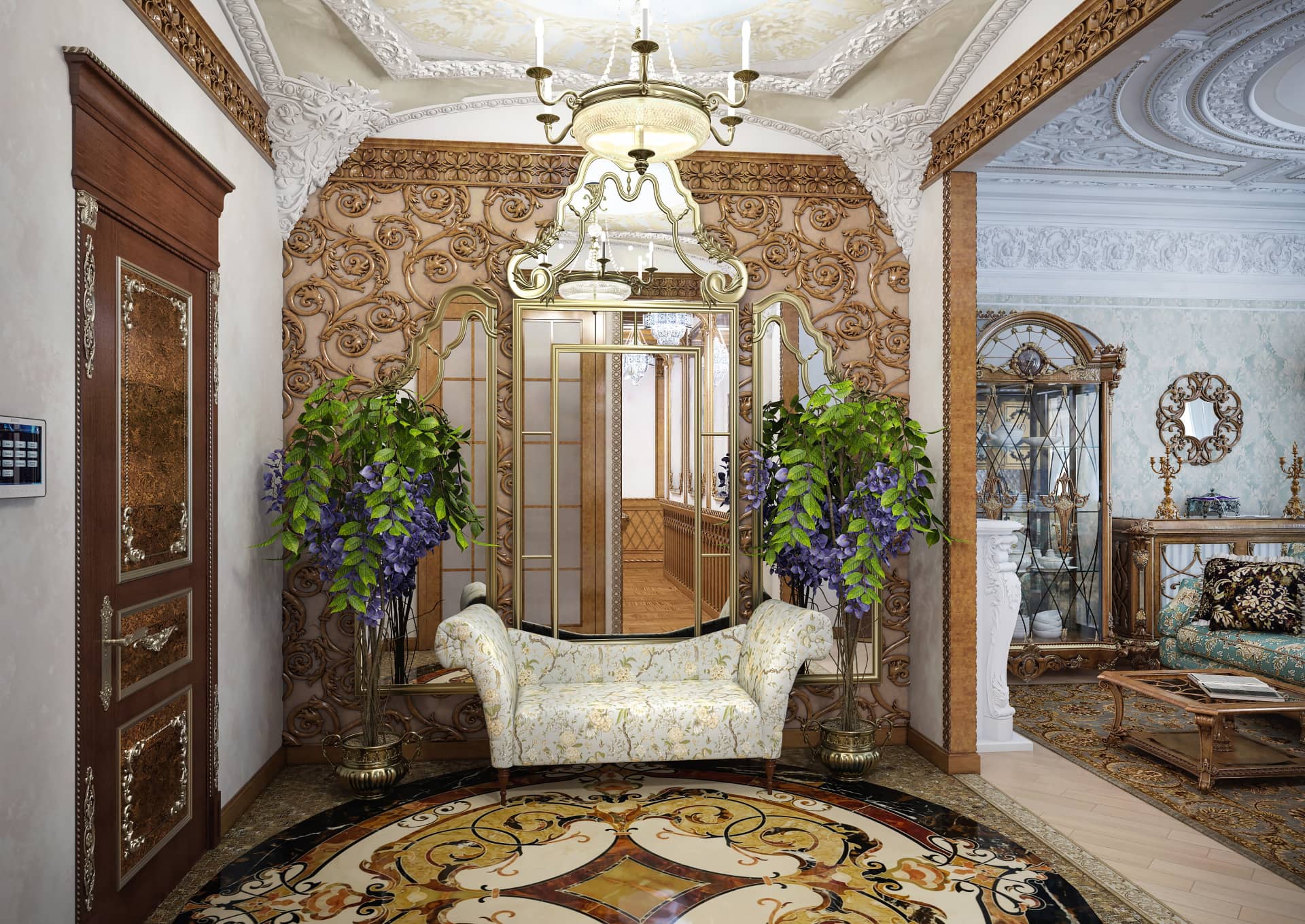 Холл в венецианским стиле с резными узорами на зеркалах
