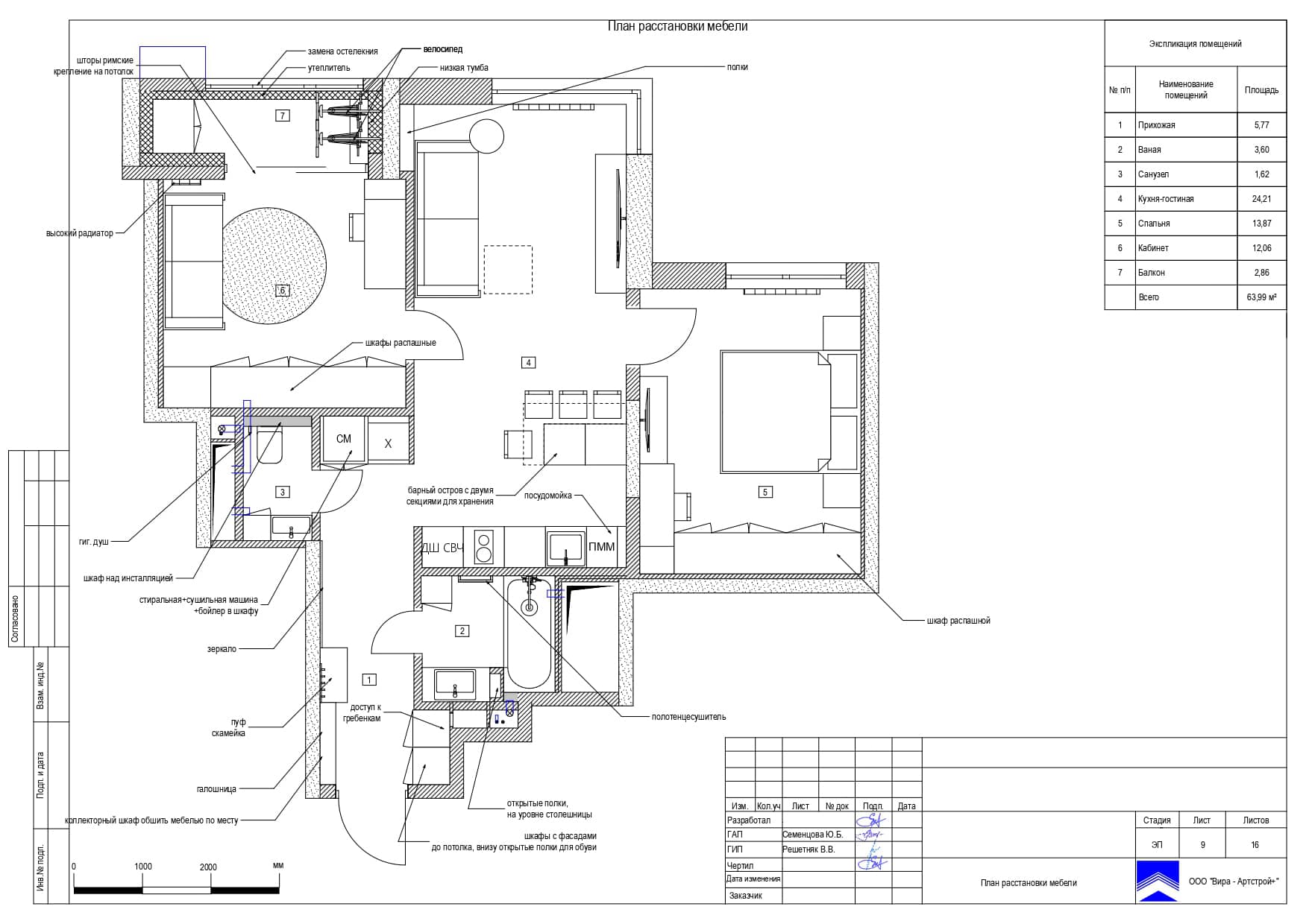 План расстановки мебели, квартира 64 м² в ЖК «Преображение»