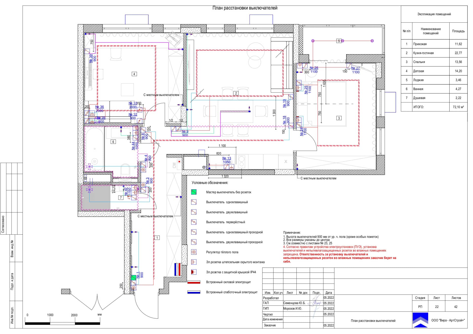 План расстановки выключателей, квартира 72 м² в ЖК «Манифест»