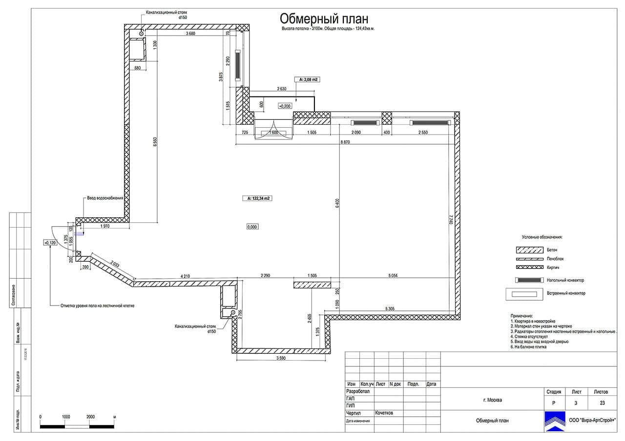 Обмерный план, квартира 124 м² в ЖК «Дубровская Слобода» 