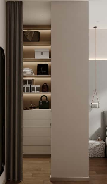 Стиль как инвестиция. Дизайн и ремонт квартиры 60м2 ЖК AFI Park Воронцовский в современном стиле. Мастер-спальня с гардеробной, фото 04