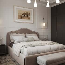 Вариации классики. Дизайн и ремонт дома 177м2 КП Лесная симфония в американском стиле. 2 этаж Спальня, фото 01