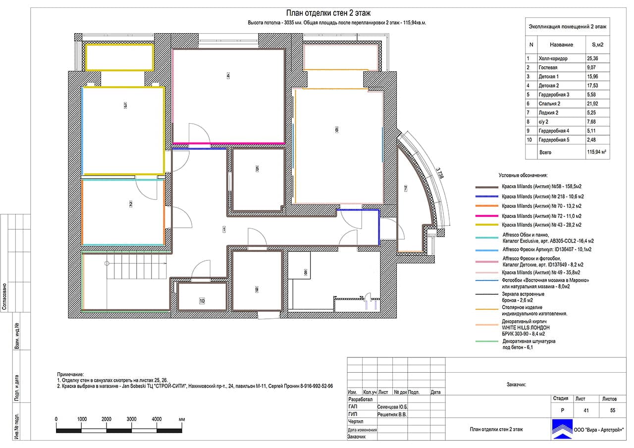 План отделки стен. 2 этаж, квартира 240 м² в ЖК «Солнечный  Берег» 