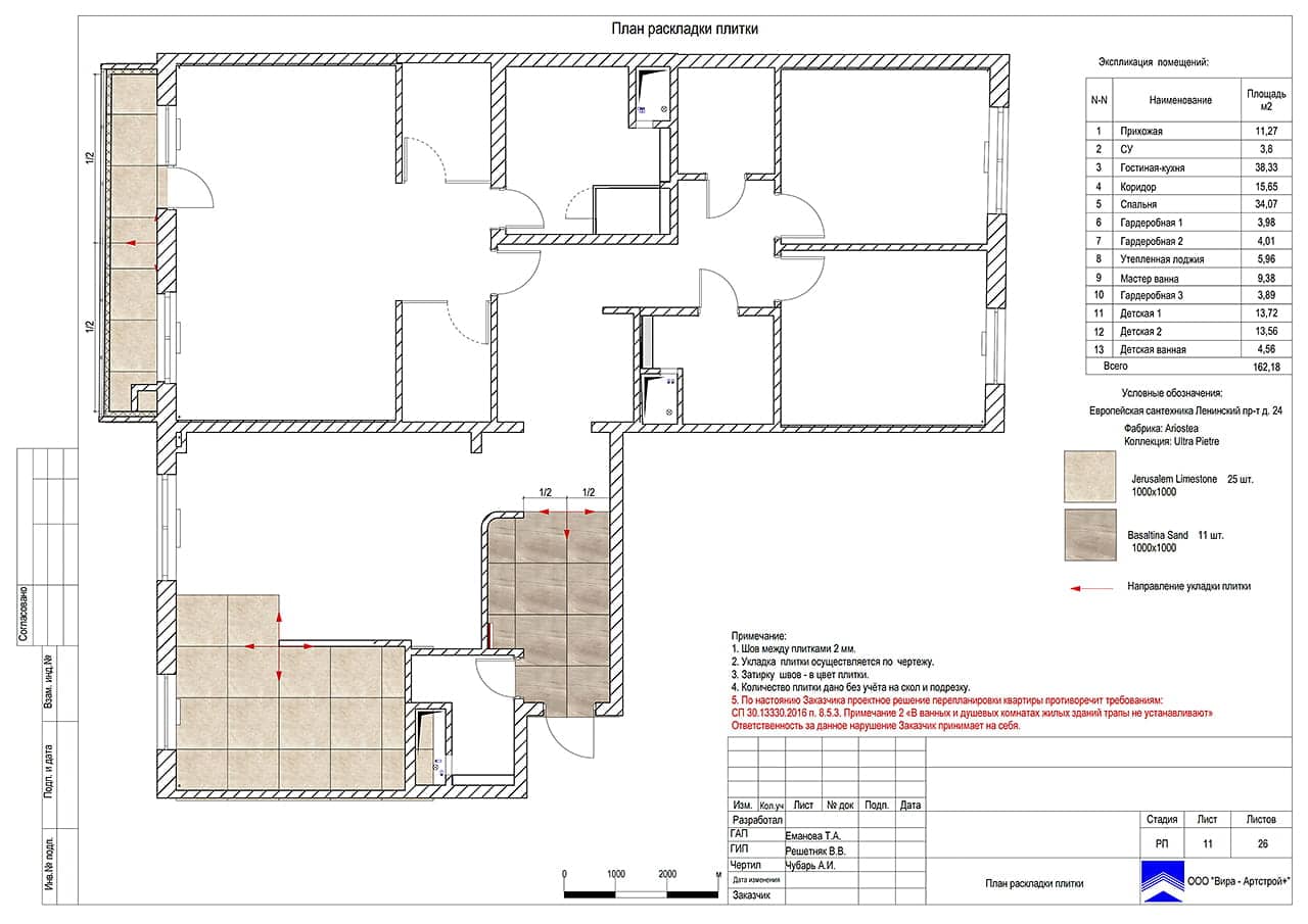 План раскладки плитки пола, квартира 162 м²