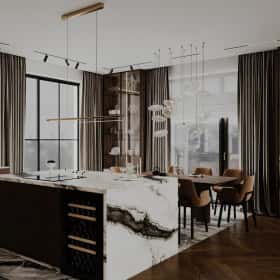 Высокие отношения. Дизайн и ремонт загородного дома 195м2 в КП Лесная поляна в современном стиле. 1 этаж Кухня-гостиная, фото 02