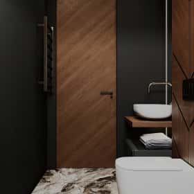 Высокие отношения. Дизайн и ремонт загородного дома 195м2 в КП Лесная поляна в современном стиле. 1 этаж Санузел, фото 02