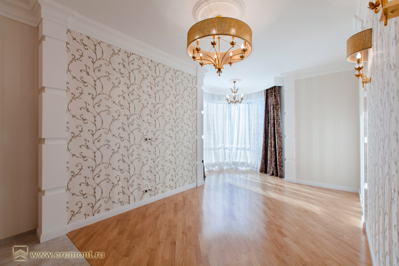 Оформление интерьера гостиной трехкомнатной квартиры в коричневый цвет в стиле современной классики. Фото № 42230.