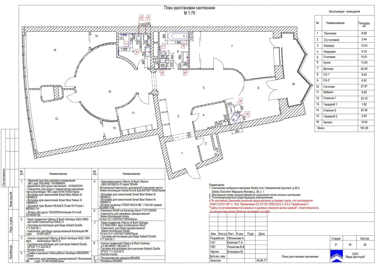 Расстановка сантехники, квартира 191 м² в ЖК «Воронцово»