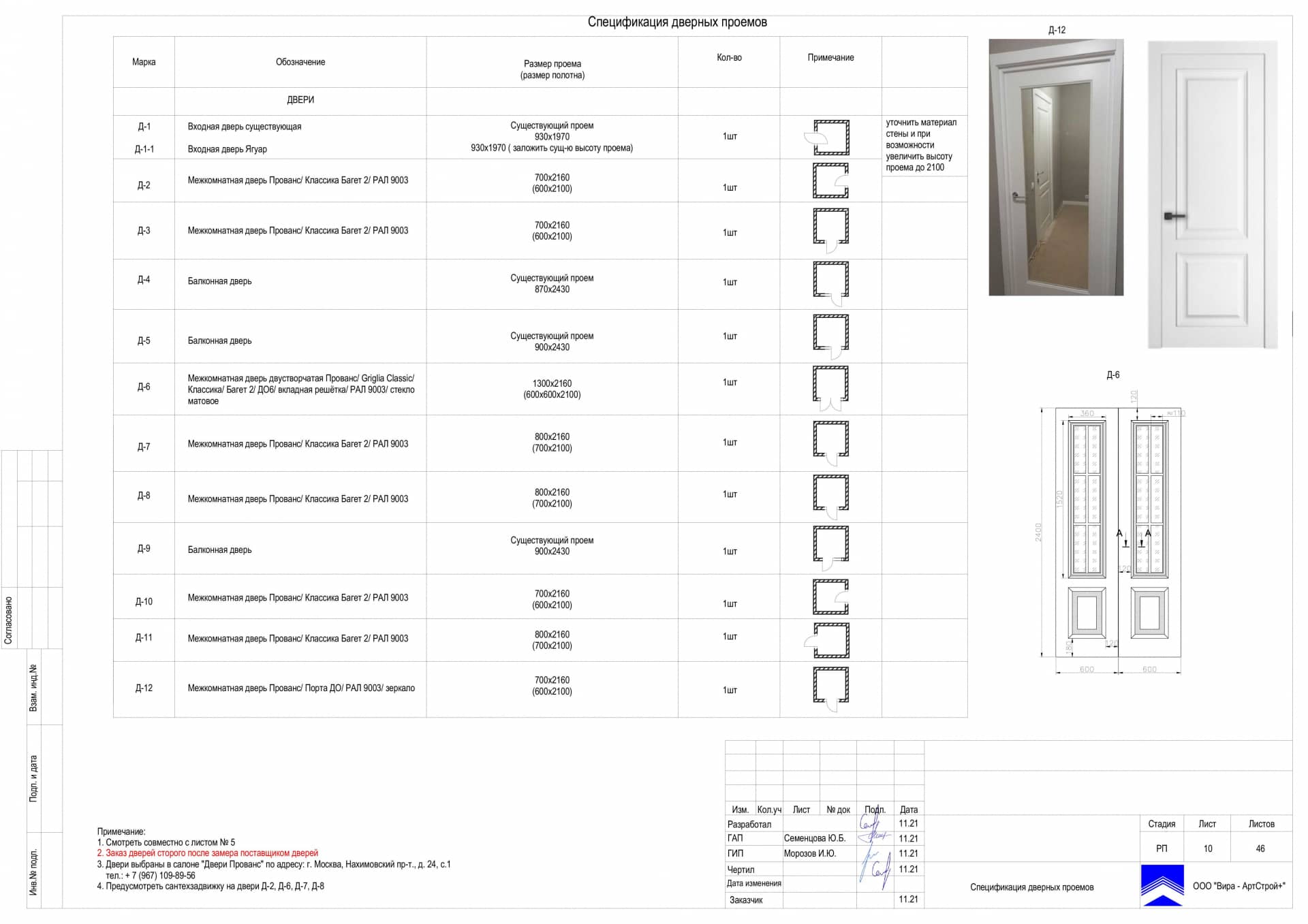 Спецификация дверных проемов, квартира 115 м²