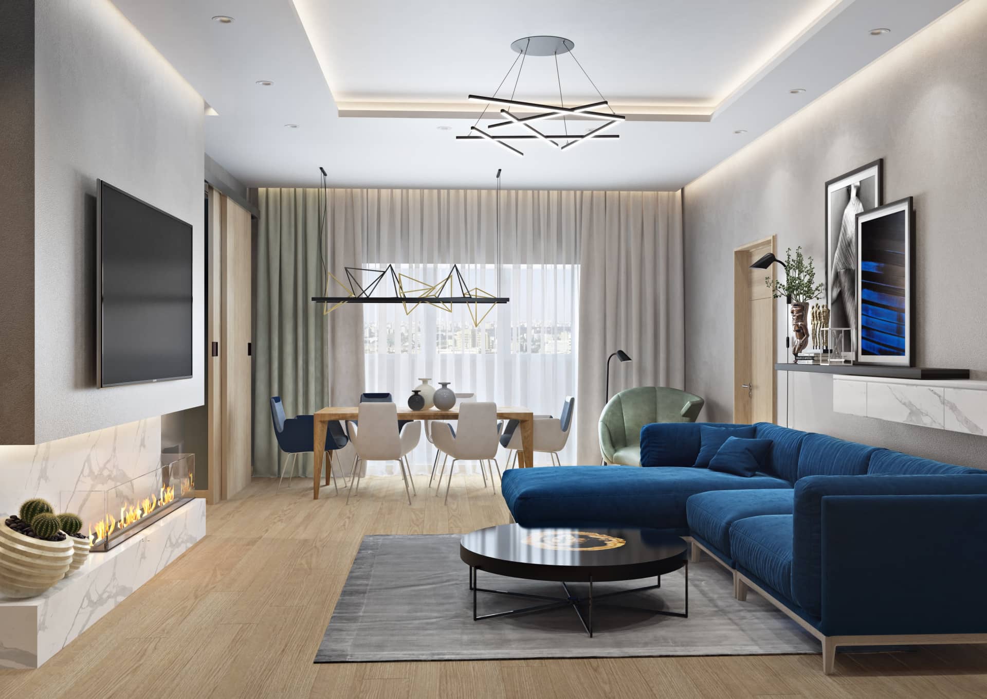 Огромный диван синего цвета для просторной гостиной