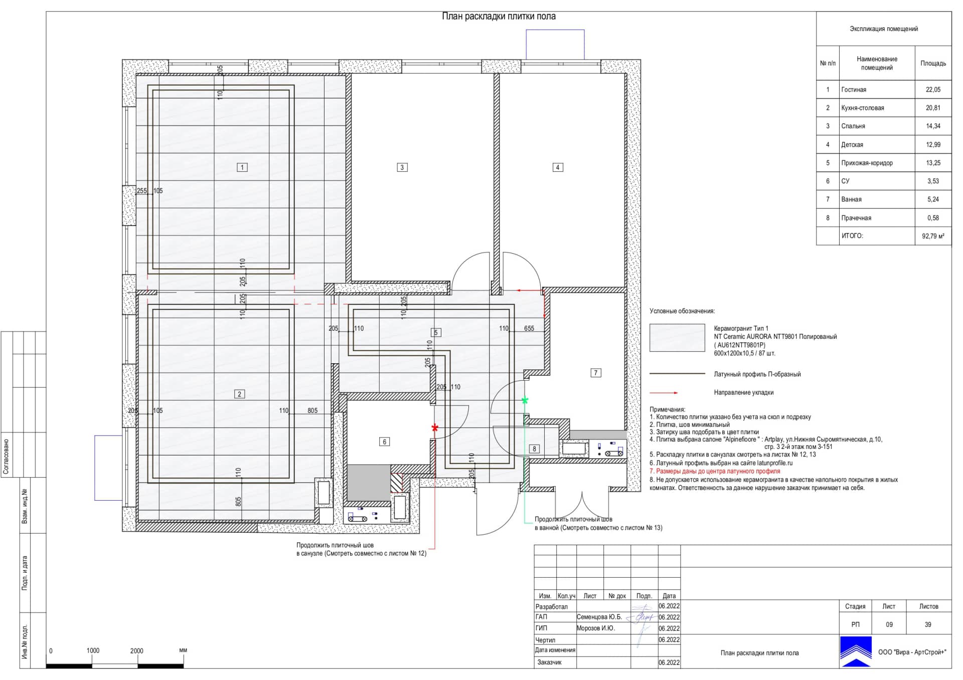План раскладки плитки пола, квартира 93 м² в ЖК «Домашний»