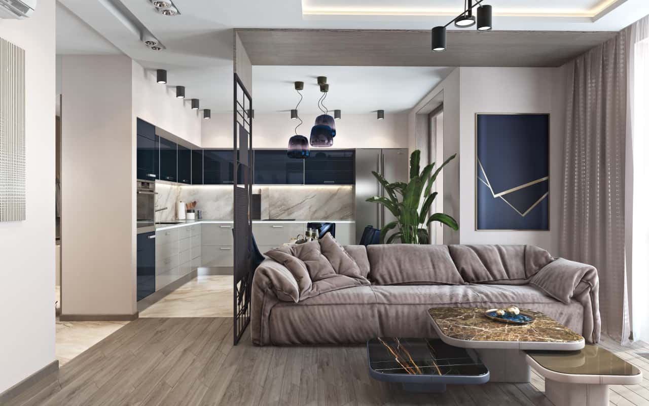 Гостиная в стиле Современный, фото интерьера в ЖК «Испанские кварталы»