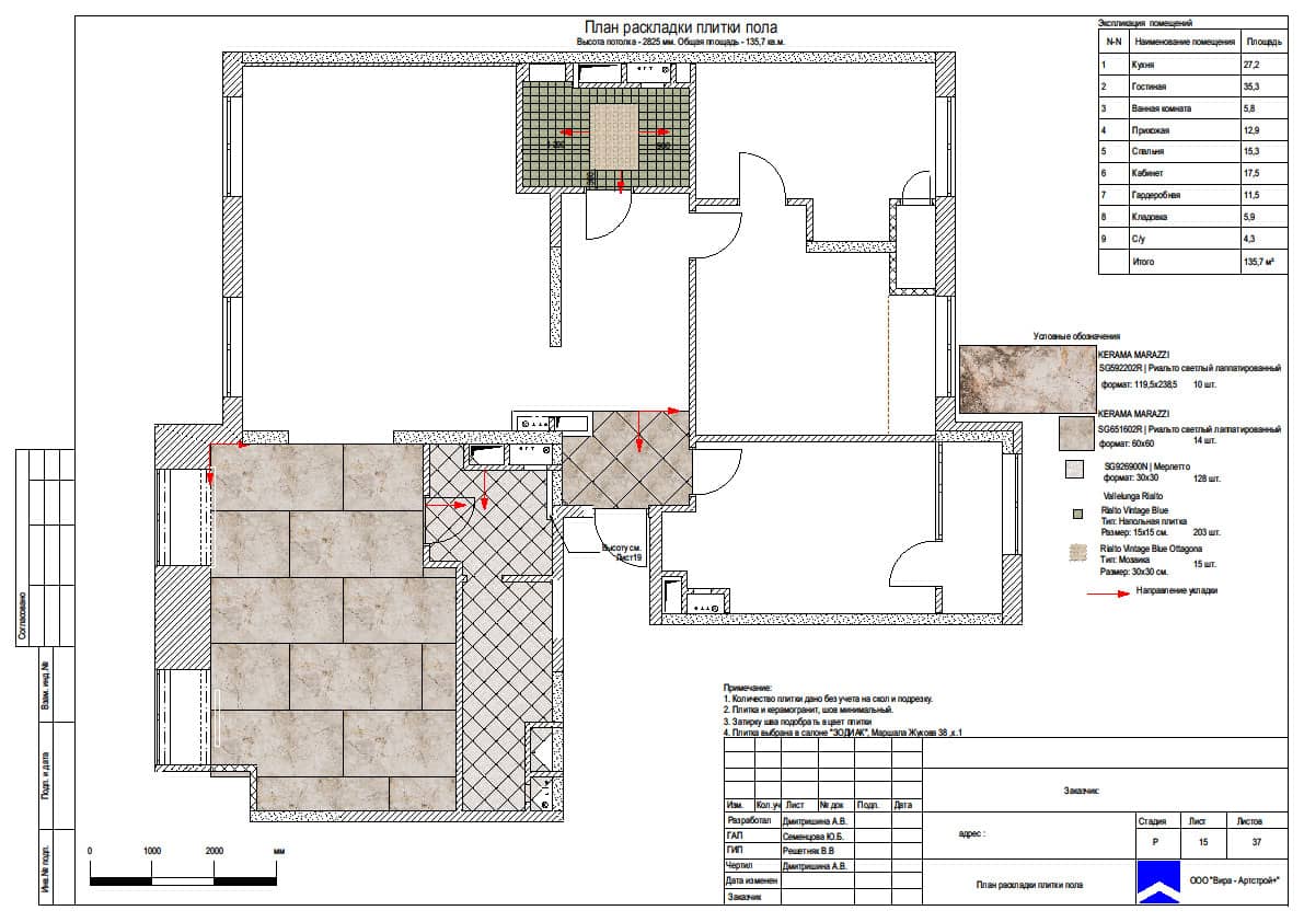 План раскладки плитки пола, квартира 135 м² в ЖК «Среда»