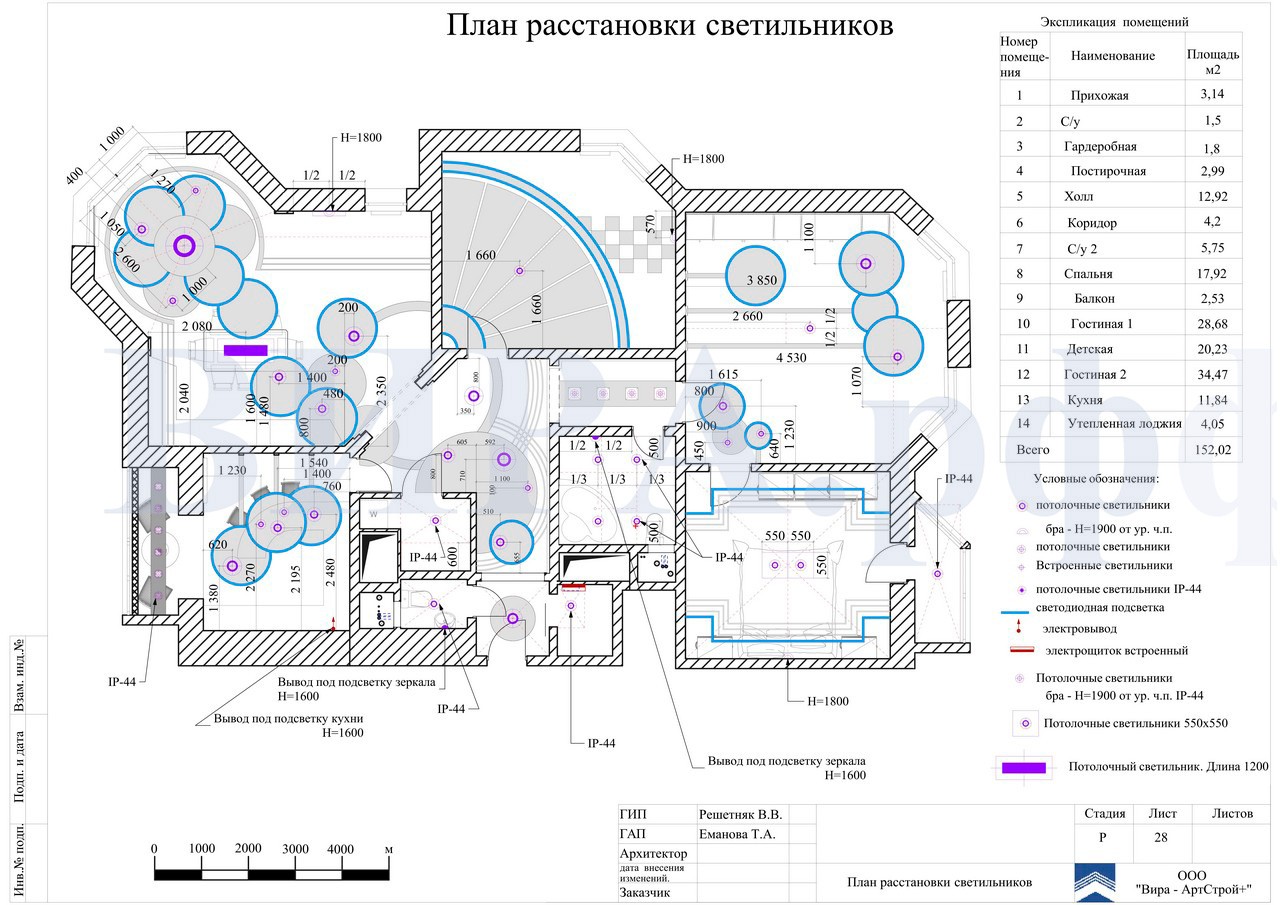 Схема расстановки светильников