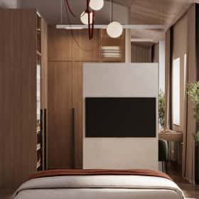 Очарование природы. Дизайн и ремонт загородного дома 116м2 в КП Британика в современном стиле. 2 этаж Спальня, фото 01