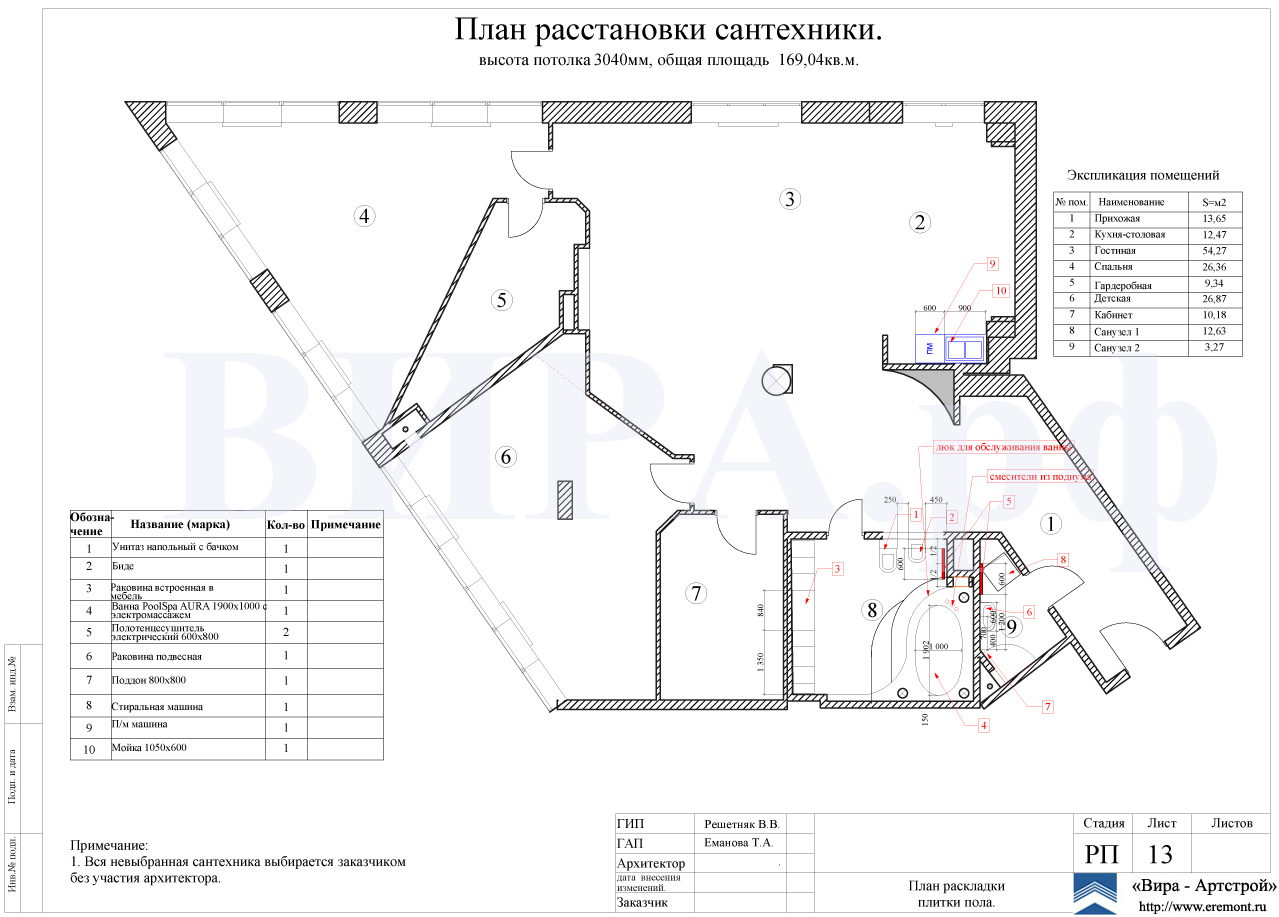 План расстановки сантехники, квартира 172 м² в ЖК «Корона»