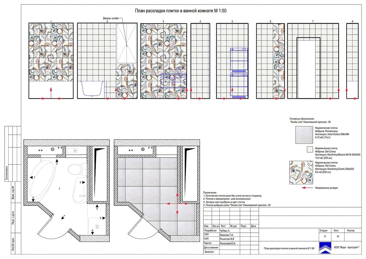 Раскладка плитки в ванной, квартира 74 м² в ЖК «Дом на Баковке»