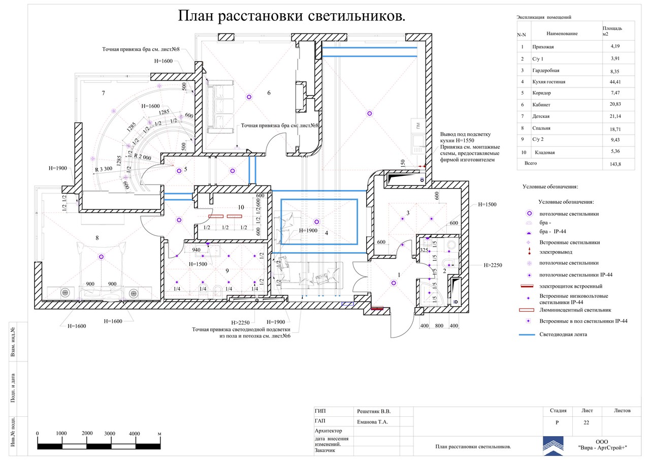 План расстановки светильников, квартира 149 м²