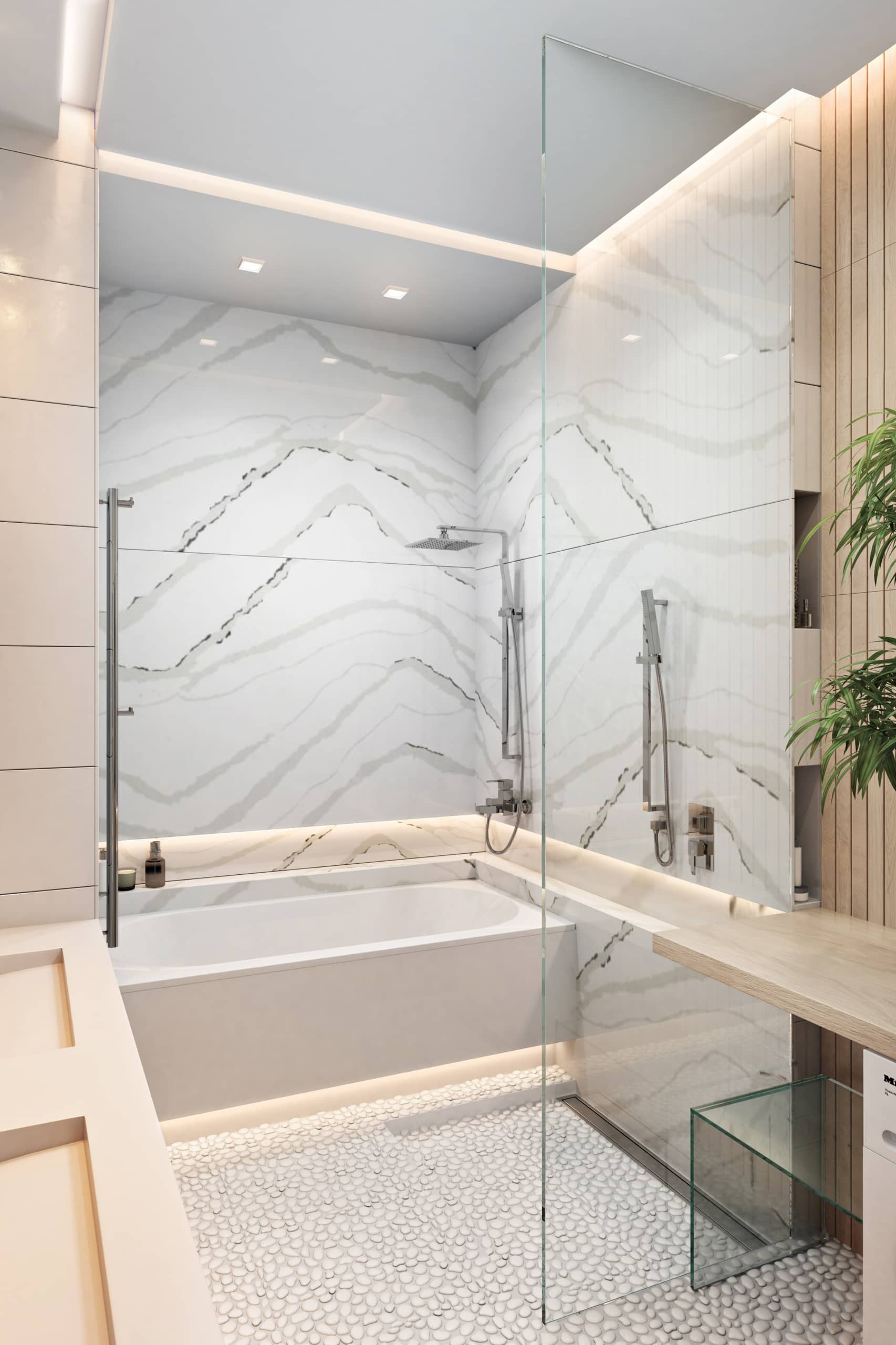 Мраморные поверхности на стенах для утончённости ванной комнаты