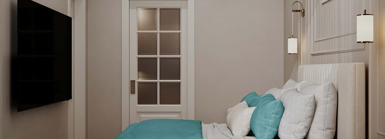 Фотографии спален. Квартира с мезонином. Дизайн и ремонт квартиры 89м2 ЖК Джаз в современном. Спальня, фото 03.