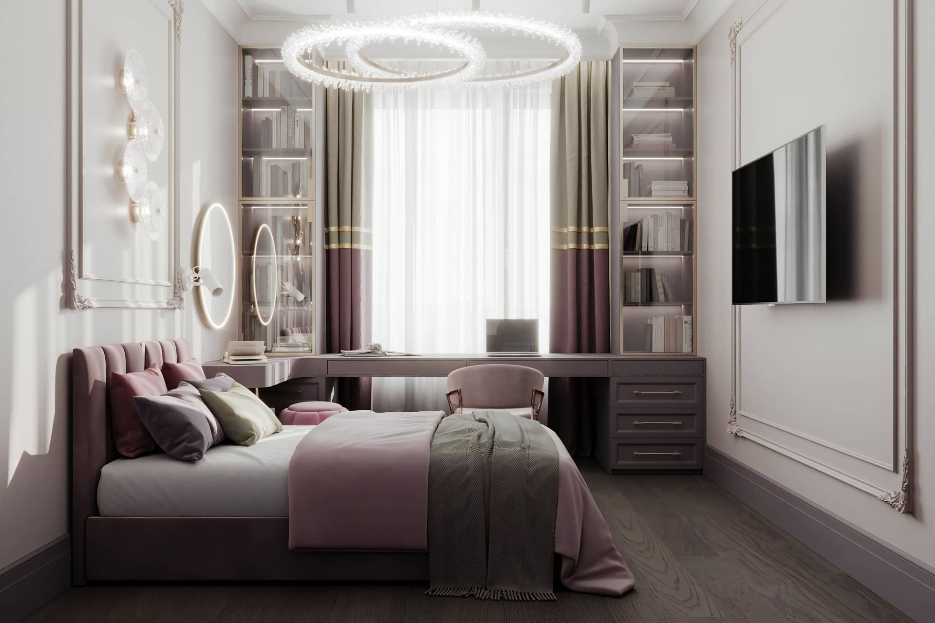 Комната оформлена в пастельных оттенках розового, фиолетового и зелёного