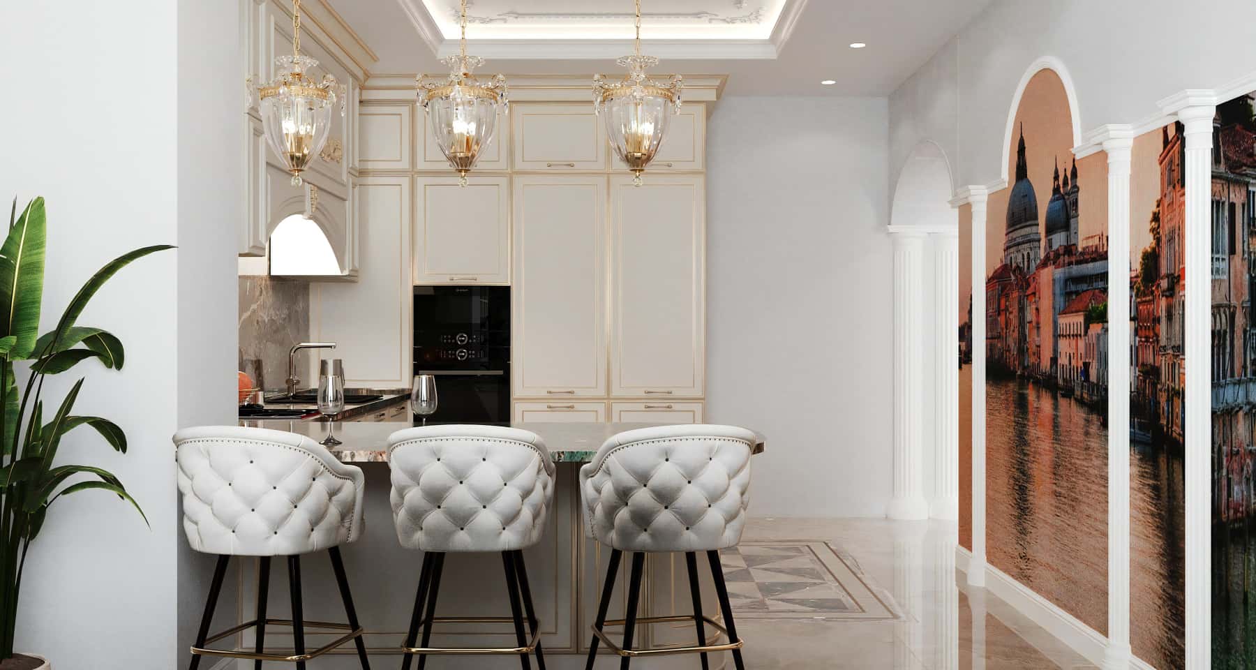 Белая угловая кухня с барной стойкой