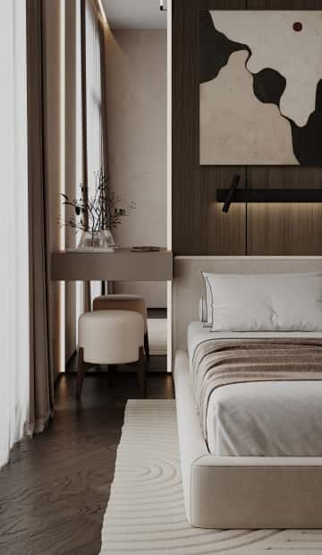 Натуральная палитра. Дизайн и ремонт квартиры 84м2 ЖК Shagal в современном стиле. Мастер-спальня, фото 01