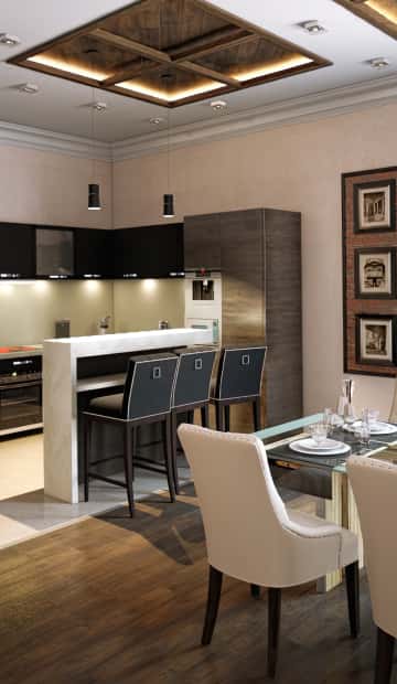 Современная кухня с глянцевым покрытием сочетает тёмные и светлые оттенки