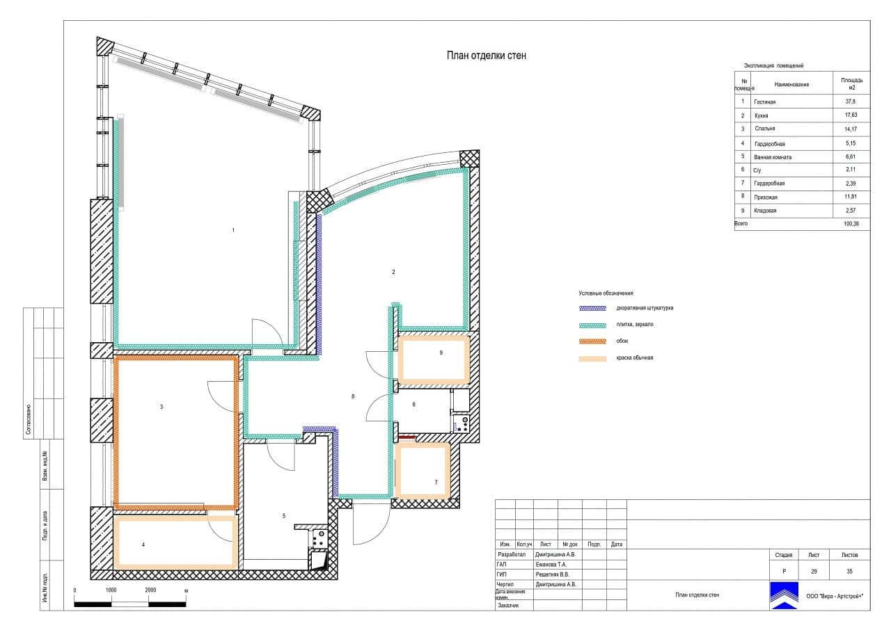 План отделки стен, квартира 104 м² в ЖК «Олимпийская Деревня Новогорск»