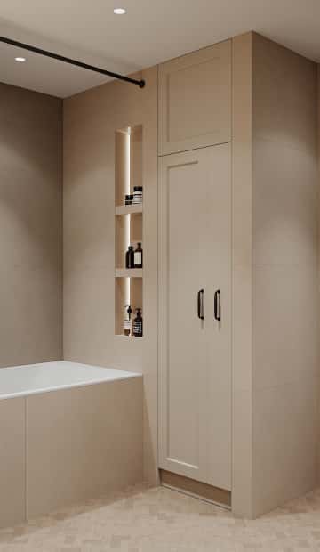 Квартира с мезонином. Дизайн и ремонт квартиры 89м2 ЖК Джаз в современном. Ванная, фото 03