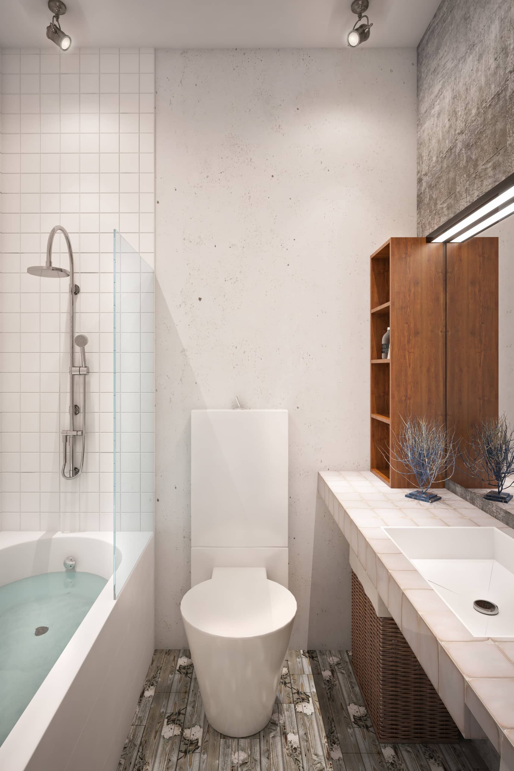 Белоснежная, прямоугольная ванна с классическим душем