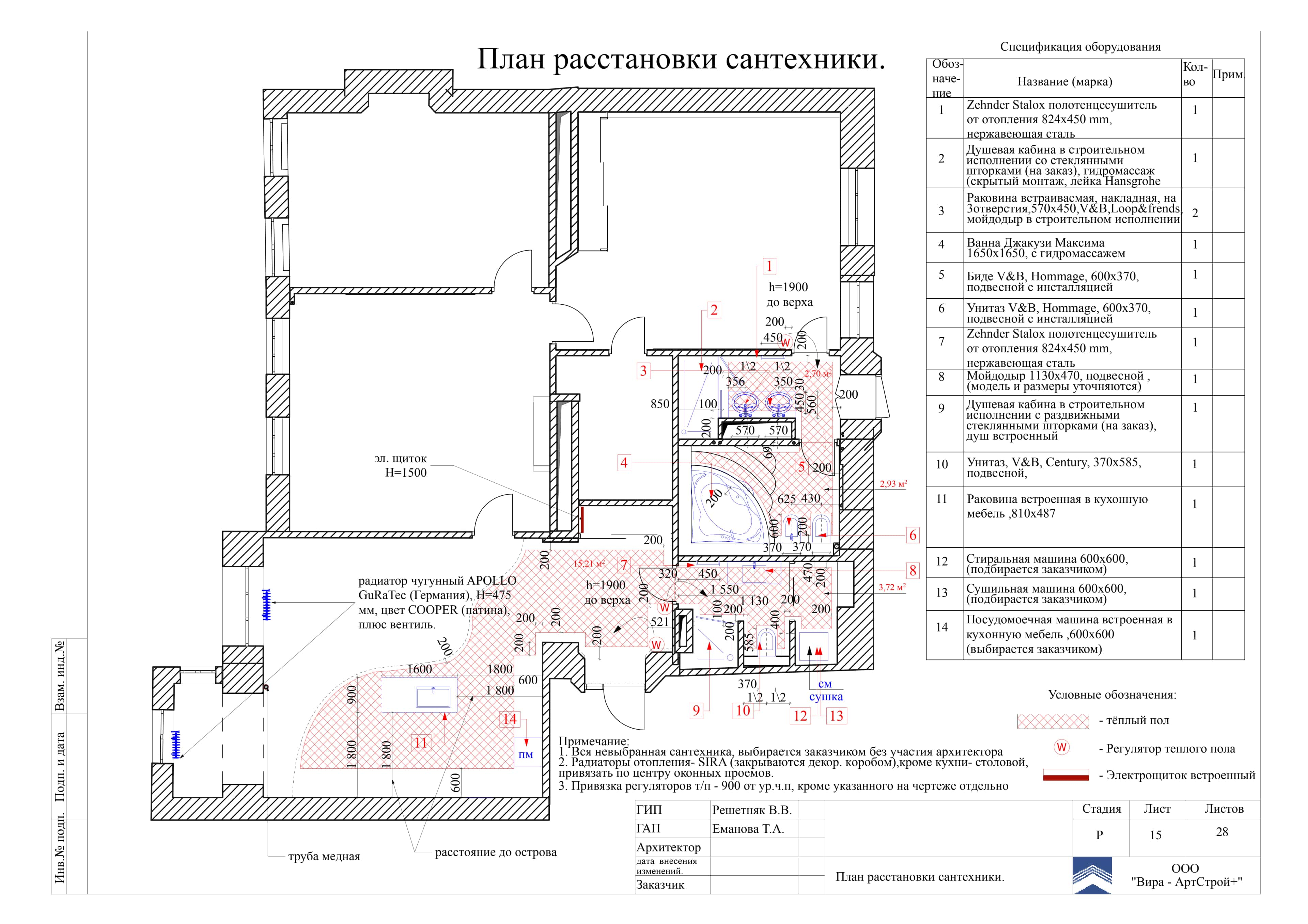 План расстановки сантехники, квартира 132 м²