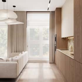 Очарование природы. Дизайн и ремонт загородного дома 116м2 в КП Британика в современном стиле. 1 этаж Кухня-гостиная, фото 04