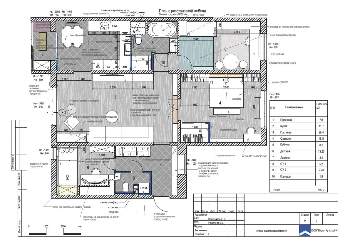 План с растановкой мебели, квартира 100 м²