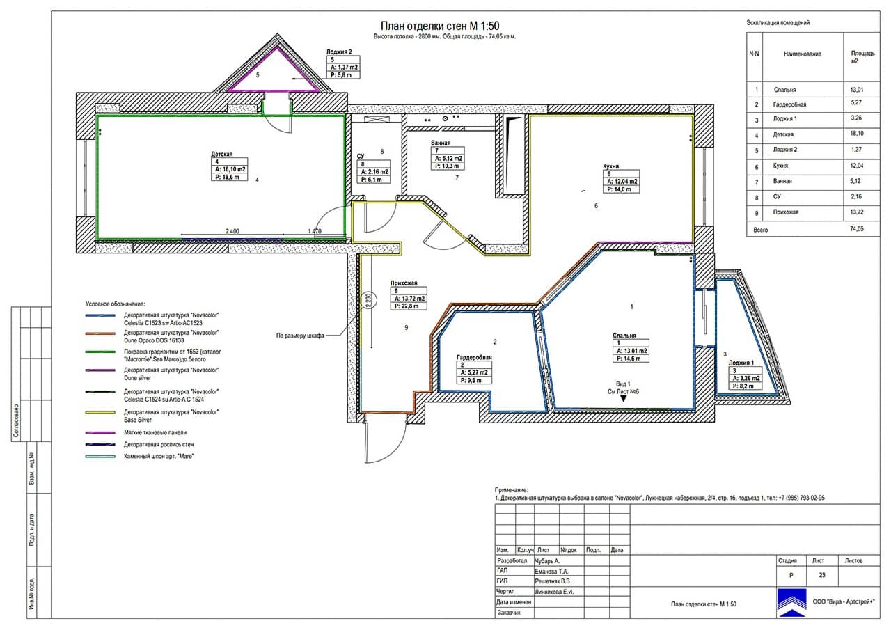 План отделки стен, квартира 74 м² в ЖК «Дом на Баковке»