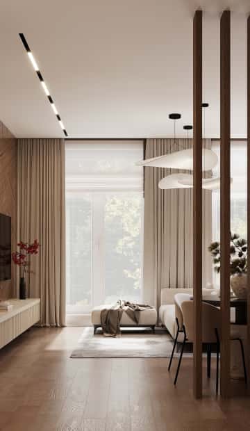 Очарование природы. Дизайн и ремонт загородного дома 116м2 в КП Британика в современном стиле. 1 этаж Кухня-гостиная, фото 01