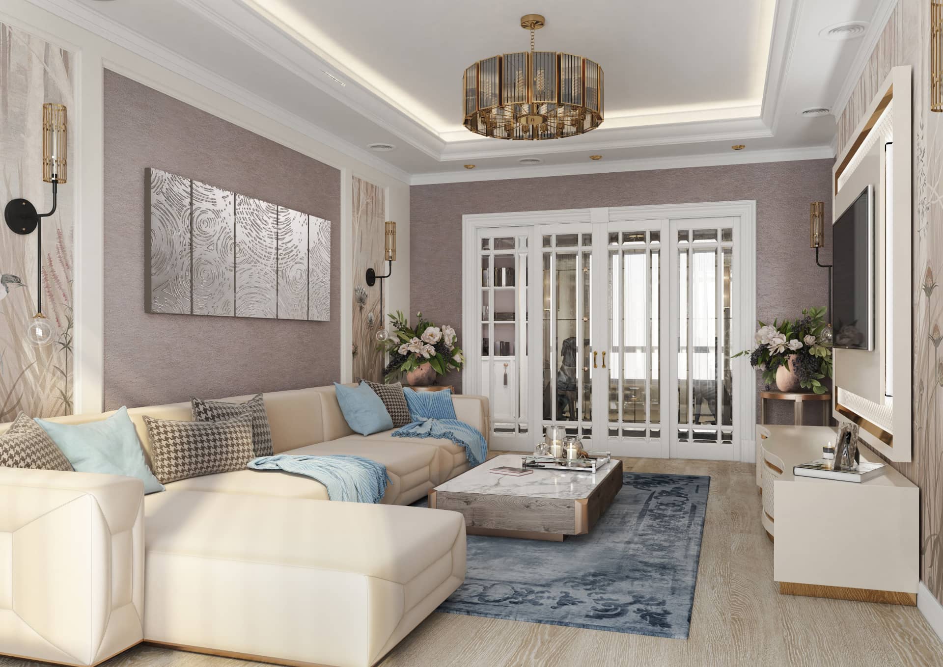 Оформление интерьера гостиной трехкомнатной квартиры в коричневый цвет в стиле современной классики. Фото № 56578.