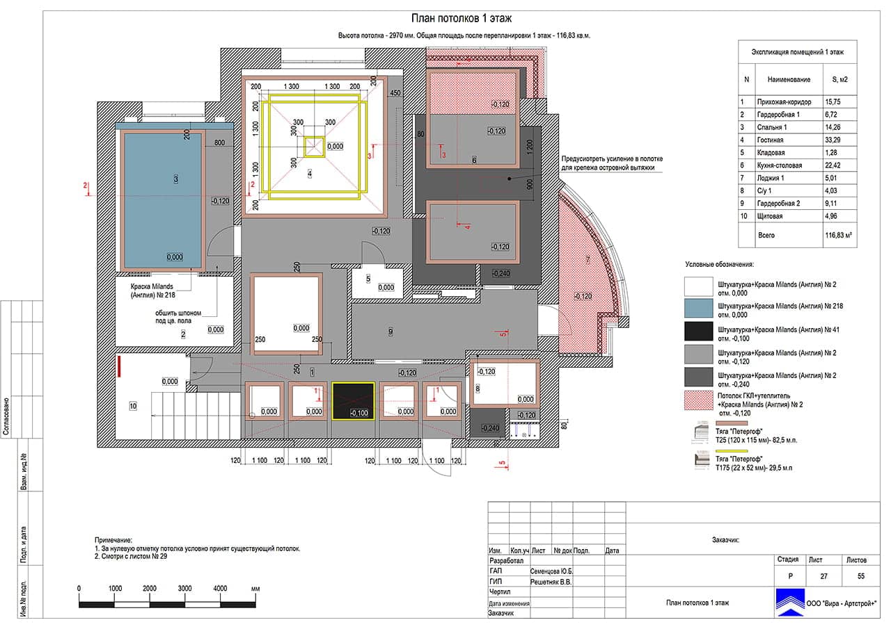 План потолков. 1 этаж, квартира 240 м² в ЖК «Солнечный  Берег» 