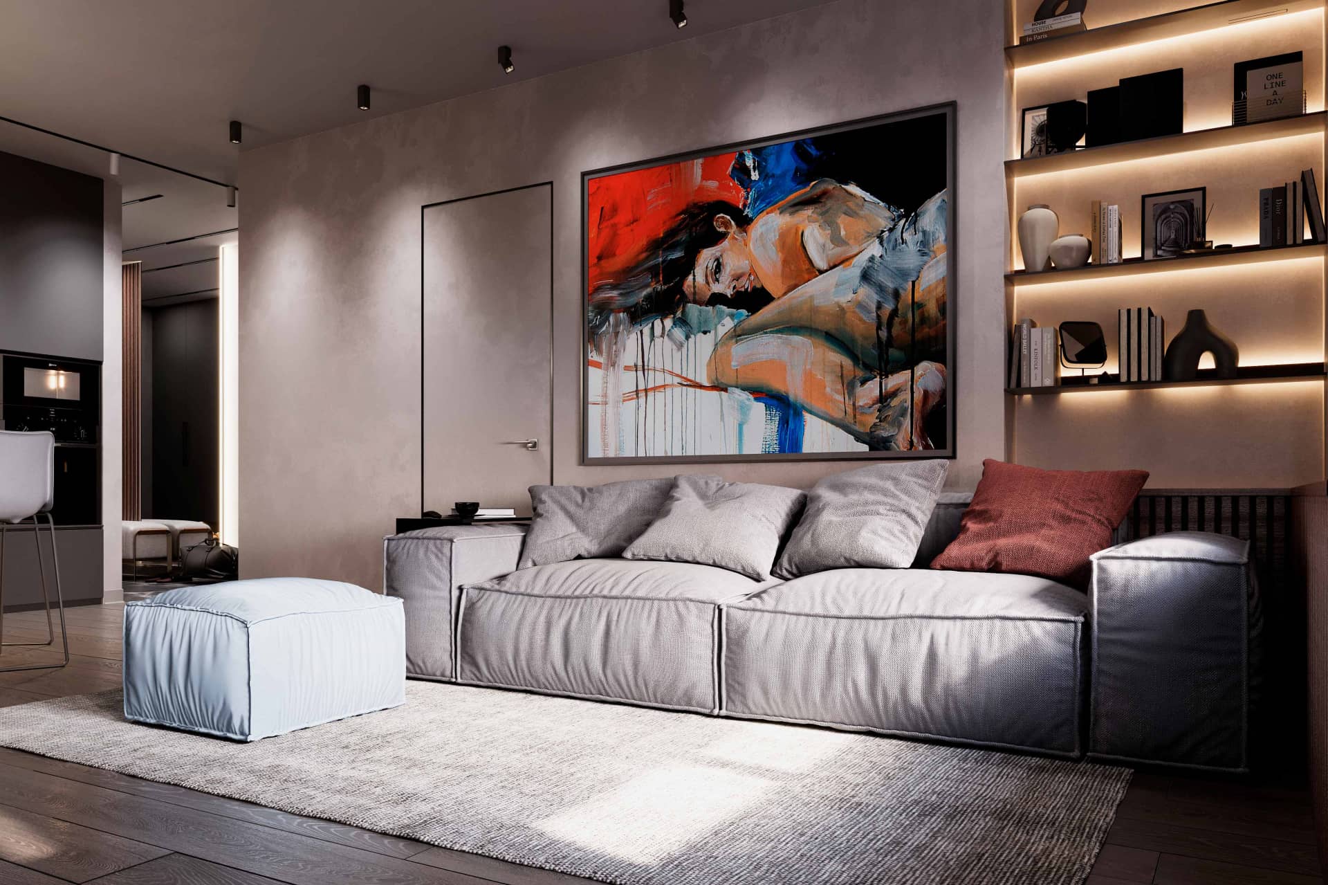 Оформление интерьера гостиной-кухни трехкомнатной квартиры в светло серый цвет в современном стиле. Фото № 62802.