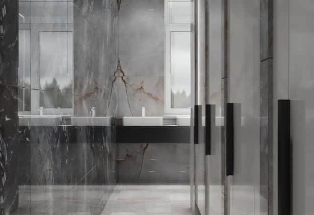 Фотографии нежилых помещений. На полу постелили светло-кремовый матовый керамогранит.