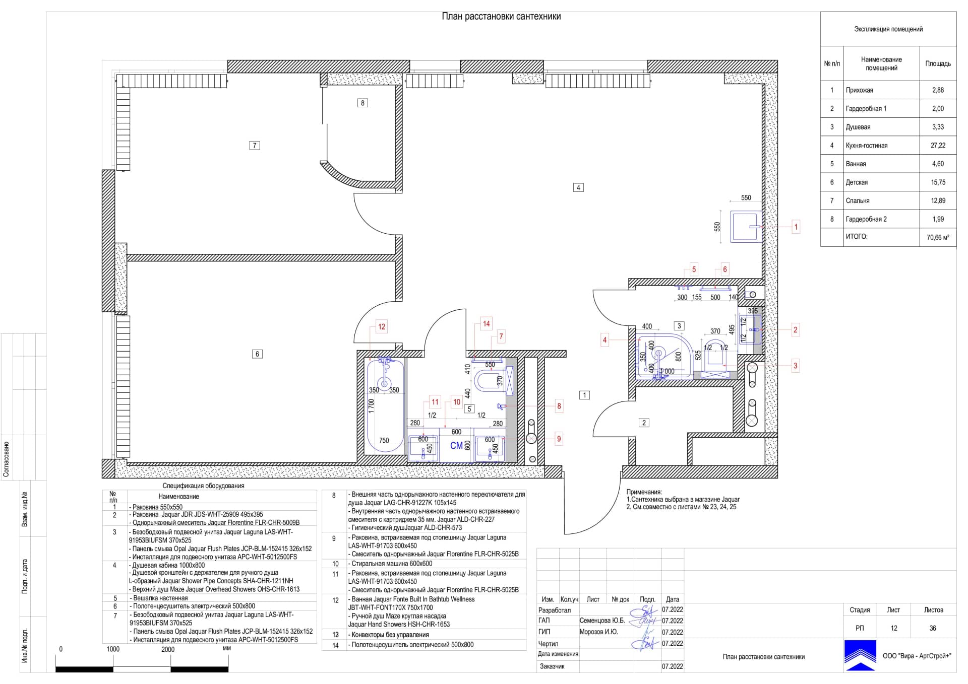 План расстановки сантехники, квартира 71 м² в ЖК «Фили Сити»