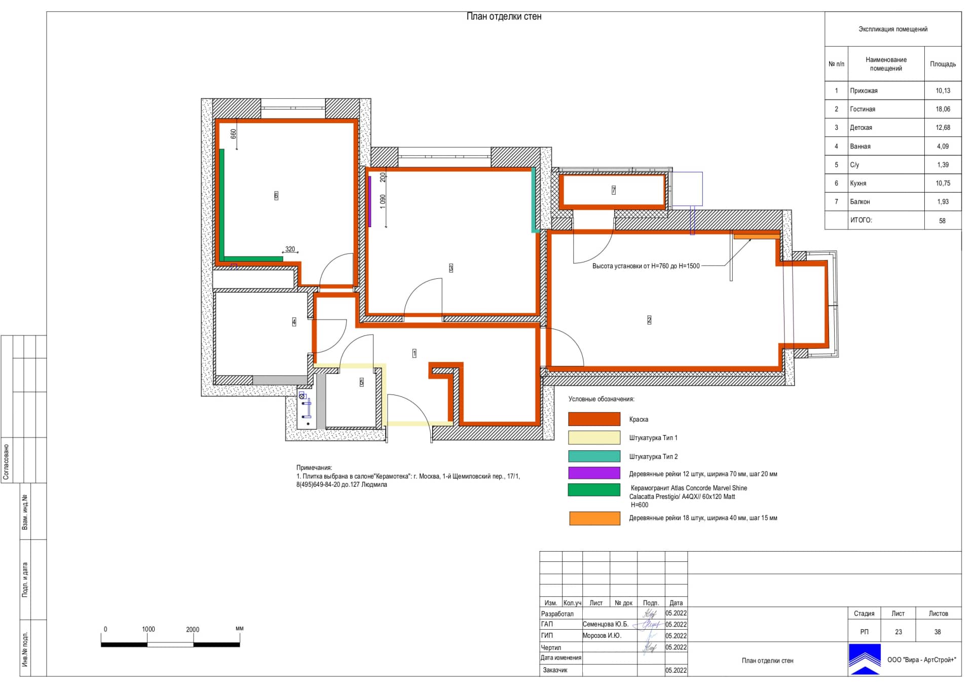 План отделки стен, квартира 58 м² в ЖК «Квартал на Никулинской»