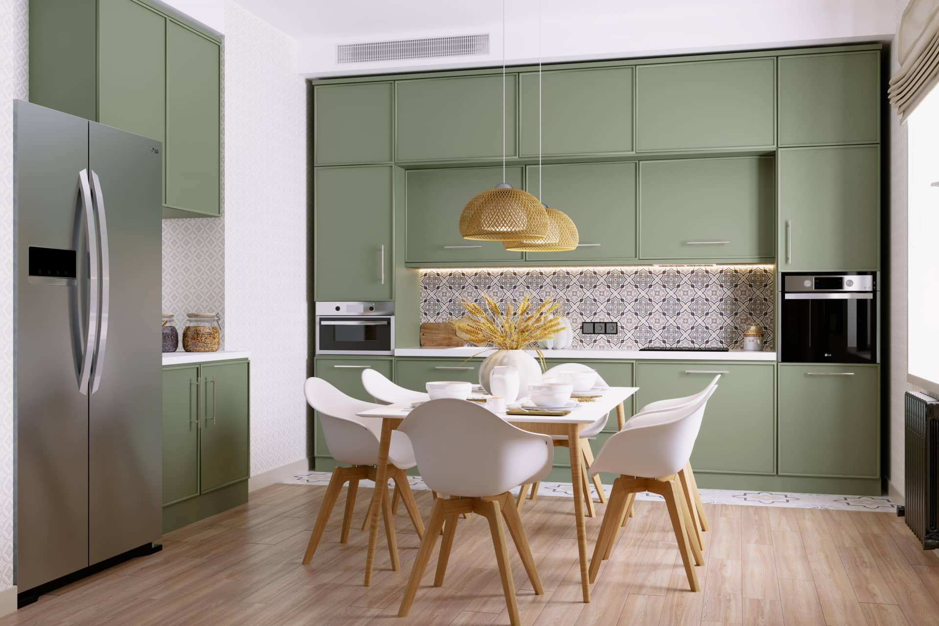Кухонные фасады оливкого цвета и орнамент на кухонном фартуке