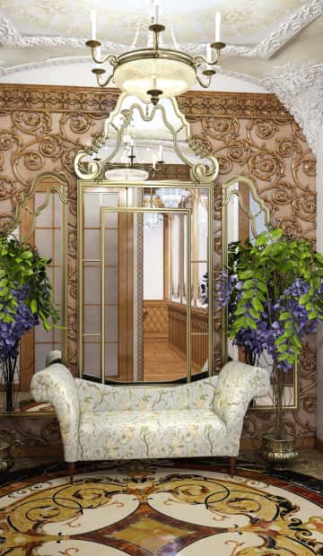 Холл в венецианским стиле с резными узорами на зеркалах